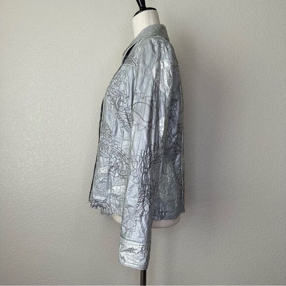 Chico’s Silver Metallic Embroidered Button Down Shacket Jacket - Picture 5 of 13